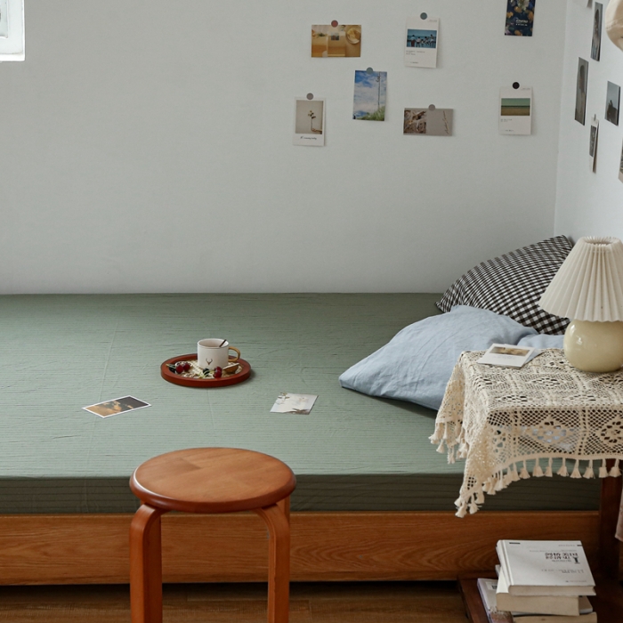 91家纺网 家纺一手货源 找家纺 安莱生活 2021新款色织全棉水洗棉单床笠 抹茶细条