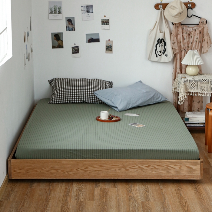 91家纺网 家纺一手货源 找家纺 安莱生活 2021新款色织全棉水洗棉单床笠 抹茶细条