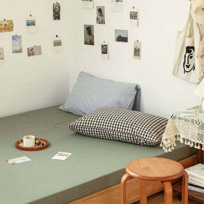 91家纺网 家纺一手货源 找家纺 安莱生活 2021新款色织全棉水洗棉单床笠 抹茶小格