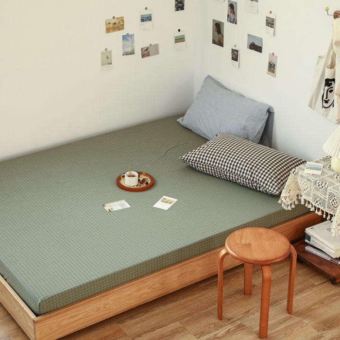 91家纺网 家纺一手货源 找家纺 安莱生活 2021新款色织全棉水洗棉单床笠 抹茶小格