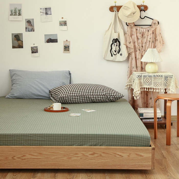 91家纺网 家纺一手货源 找家纺 安莱生活 2021新款色织全棉水洗棉单床笠 抹茶小格