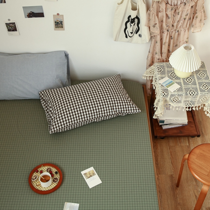 91家纺网 家纺一手货源 找家纺 安莱生活 2021新款色织全棉水洗棉单床笠 抹茶小格