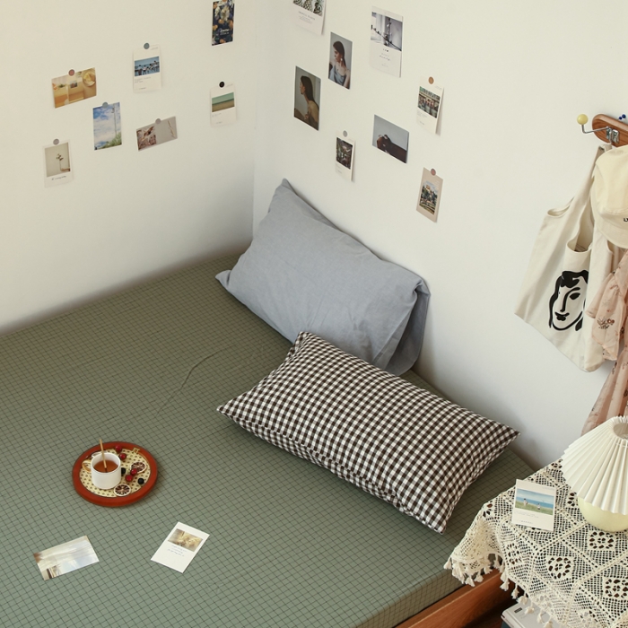 91家纺网 家纺一手货源 找家纺 安莱生活 2021新款色织全棉水洗棉单床笠 抹茶小格