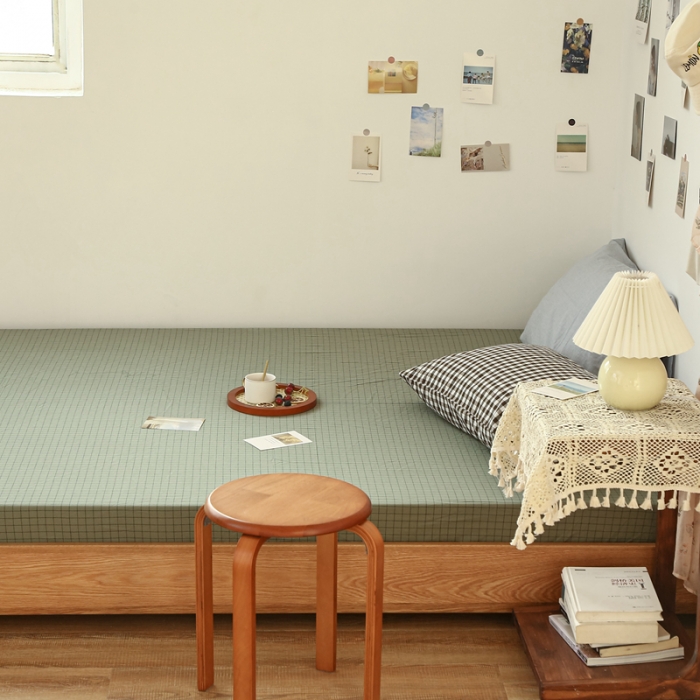 91家纺网 家纺一手货源 找家纺 安莱生活 2021新款色织全棉水洗棉单床笠 抹茶小格