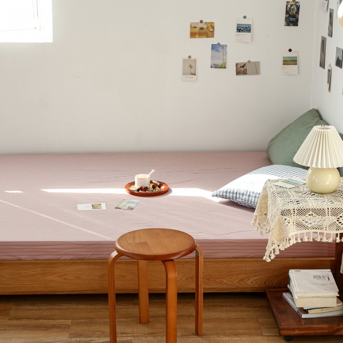 91家纺网 家纺一手货源 找家纺 安莱生活 2021新款色织全棉水洗棉单床笠 藕粉细条