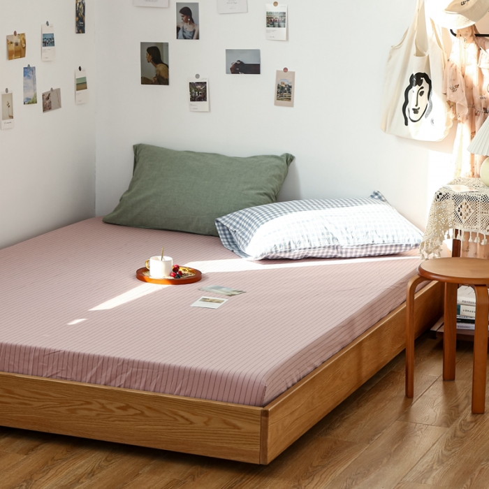 91家纺网 家纺一手货源 找家纺 安莱生活 2021新款色织全棉水洗棉单床笠 藕粉细条