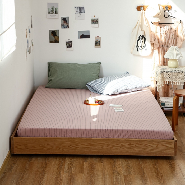 91家纺网 家纺一手货源 找家纺 安莱生活 2021新款色织全棉水洗棉单床笠 藕粉细条