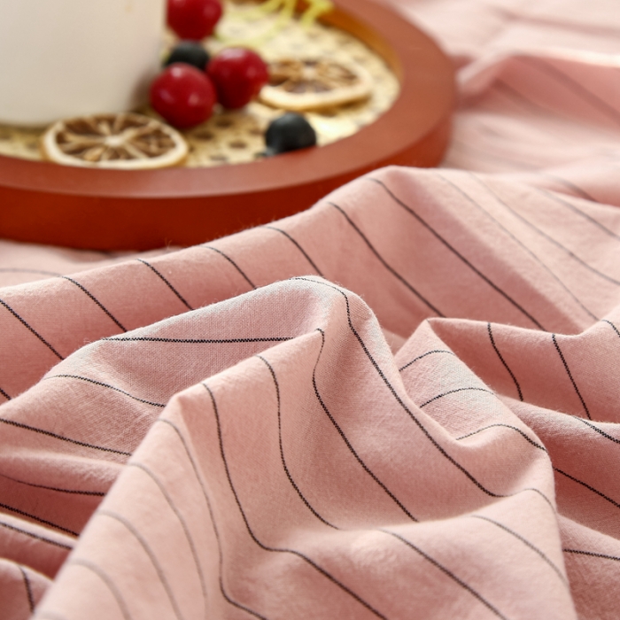 91家纺网 家纺一手货源 找家纺 安莱生活 2021新款色织全棉水洗棉单床笠 藕粉细条