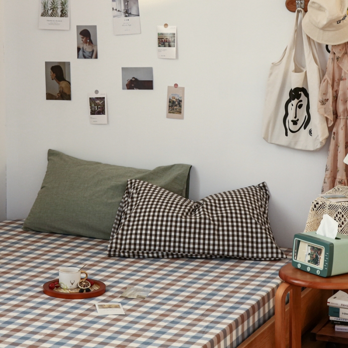 91家纺网 家纺一手货源 找家纺 安莱生活 2021新款色织全棉水洗棉单床笠 七彩蓝