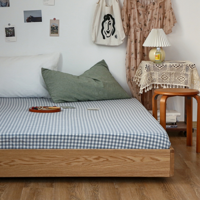 91家纺网 家纺一手货源 找家纺 安莱生活 2021新款色织全棉水洗棉单床笠 浅蓝小格