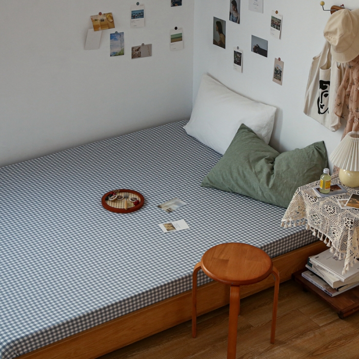 91家纺网 家纺一手货源 找家纺 安莱生活 2021新款色织全棉水洗棉单床笠 浅蓝小格