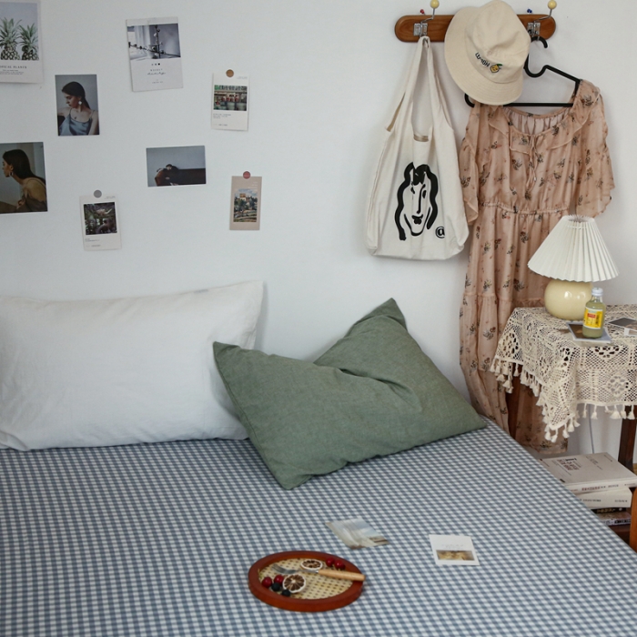 91家纺网 家纺一手货源 找家纺 安莱生活 2021新款色织全棉水洗棉单床笠 浅蓝小格