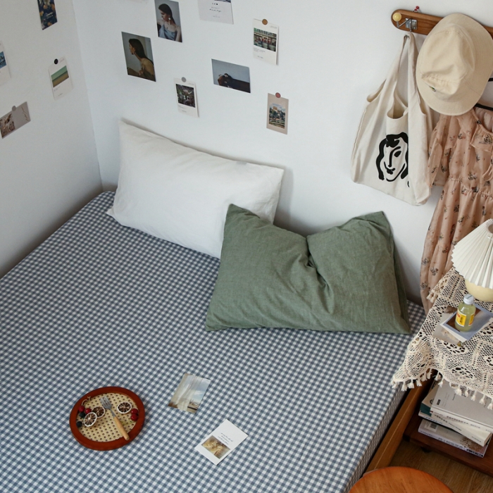 91家纺网 家纺一手货源 找家纺 安莱生活 2021新款色织全棉水洗棉单床笠 浅蓝小格