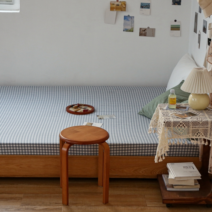 91家纺网 家纺一手货源 找家纺 安莱生活 2021新款色织全棉水洗棉单床笠 浅蓝小格