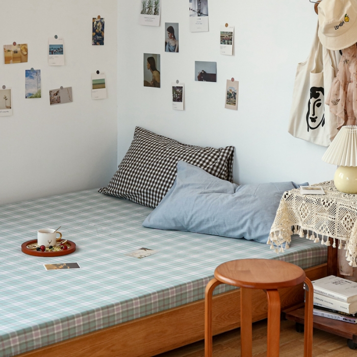 91家纺网 家纺一手货源 找家纺 安莱生活 2021新款色织全棉水洗棉单床笠 青柠格