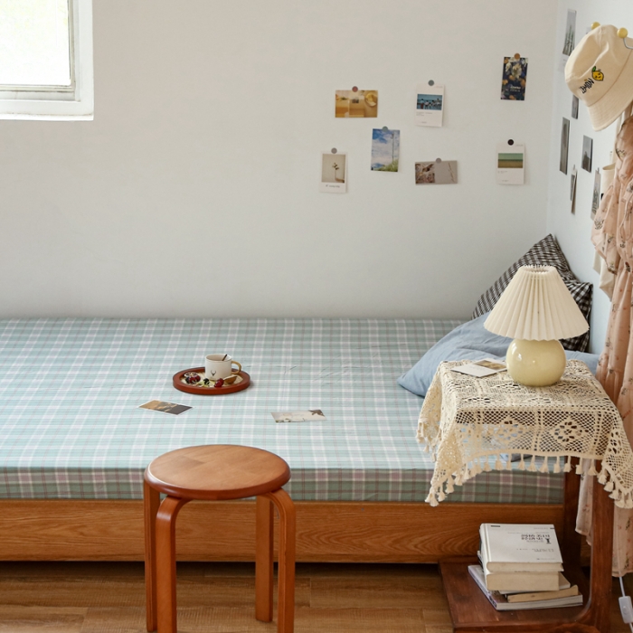 91家纺网 家纺一手货源 找家纺 安莱生活 2021新款色织全棉水洗棉单床笠 青柠格