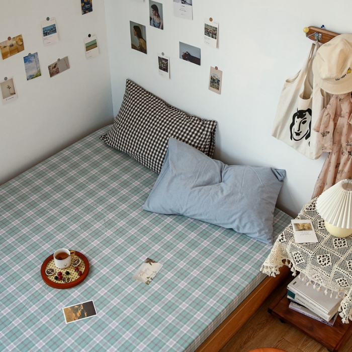 91家纺网 家纺一手货源 找家纺 安莱生活 2021新款色织全棉水洗棉单床笠 青柠格