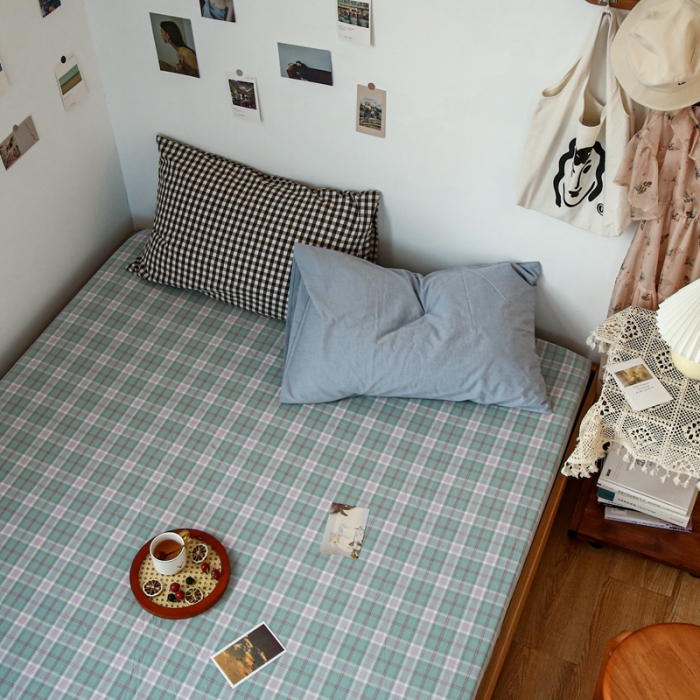 91家纺网 家纺一手货源 找家纺 安莱生活 2021新款色织全棉水洗棉单床笠 青柠格