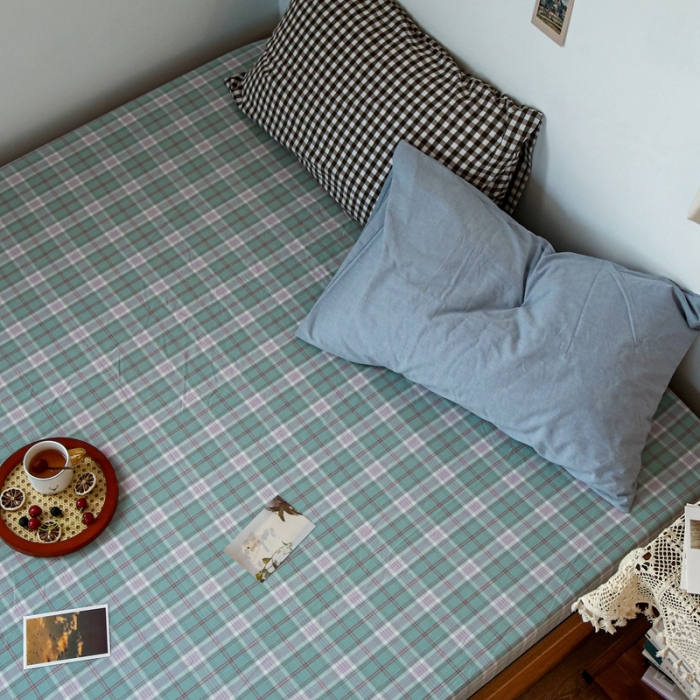 91家纺网 家纺一手货源 找家纺 安莱生活 2021新款色织全棉水洗棉单床笠 青柠格