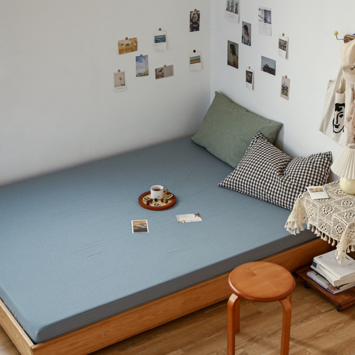 91家纺网 家纺一手货源 找家纺 安莱生活 2021新款色织全棉水洗棉单床笠 乌兰细条