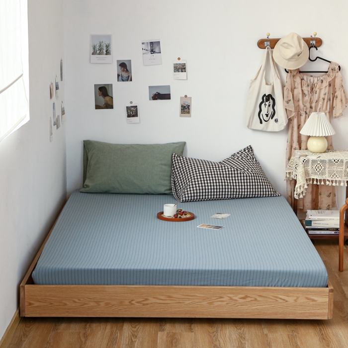 91家纺网 家纺一手货源 找家纺 安莱生活 2021新款色织全棉水洗棉单床笠 乌兰细条