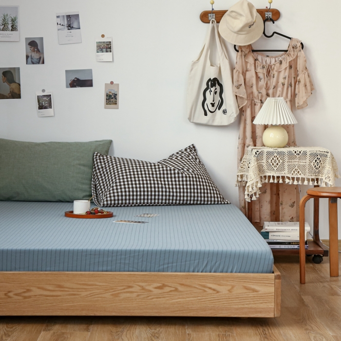 91家纺网 家纺一手货源 找家纺 安莱生活 2021新款色织全棉水洗棉单床笠 乌兰细条