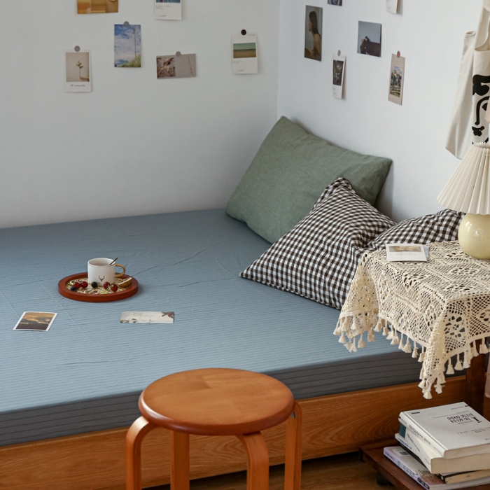 91家纺网 家纺一手货源 找家纺 安莱生活 2021新款色织全棉水洗棉单床笠 乌兰细条