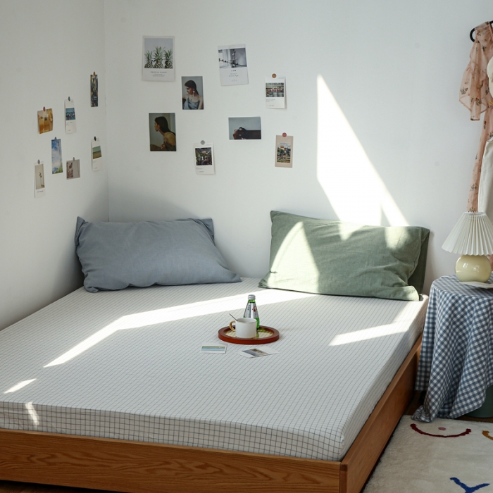 91家纺网 家纺一手货源 找家纺 安莱生活 2021新款色织全棉水洗棉单床笠 小白格