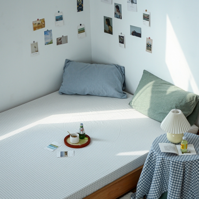 91家纺网 家纺一手货源 找家纺 安莱生活 2021新款色织全棉水洗棉单床笠 小白格