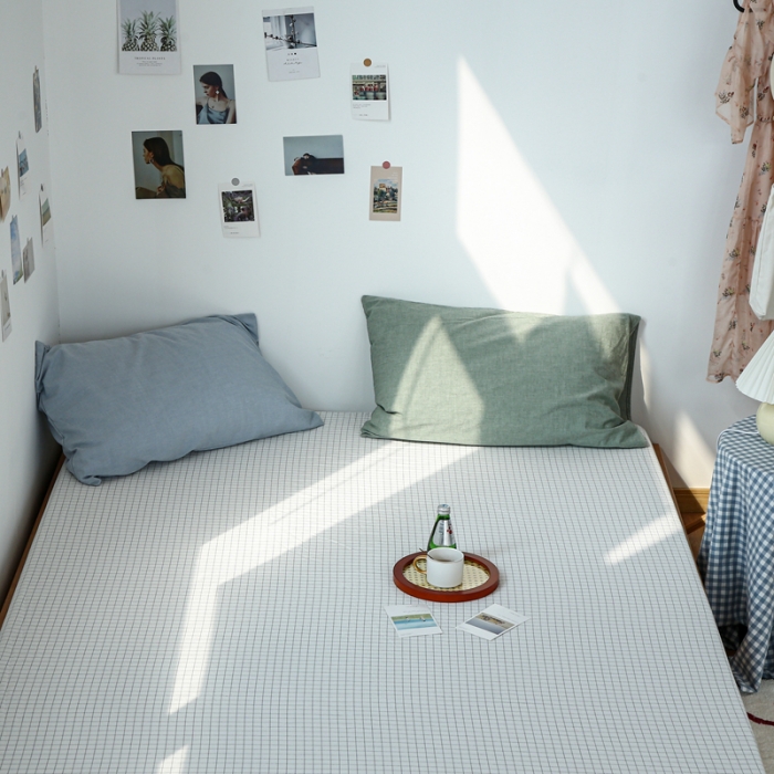 91家纺网 家纺一手货源 找家纺 安莱生活 2021新款色织全棉水洗棉单床笠 小白格