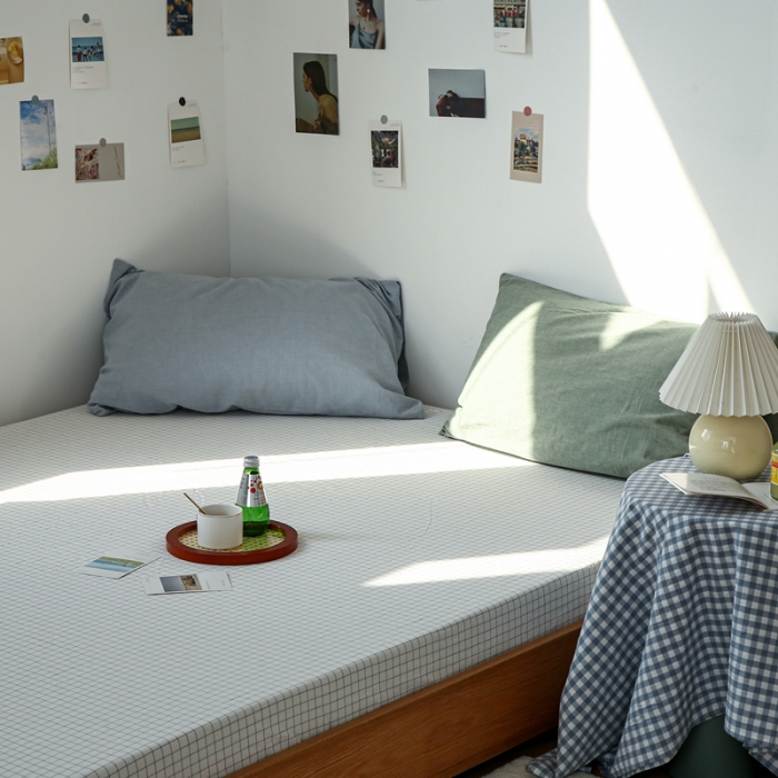 91家纺网 家纺一手货源 找家纺 安莱生活 2021新款色织全棉水洗棉单床笠 小白格