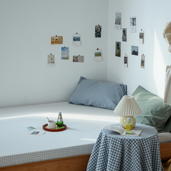 91家纺网 家纺一手货源 找家纺 安莱生活 2021新款色织全棉水洗棉单床笠 小白格