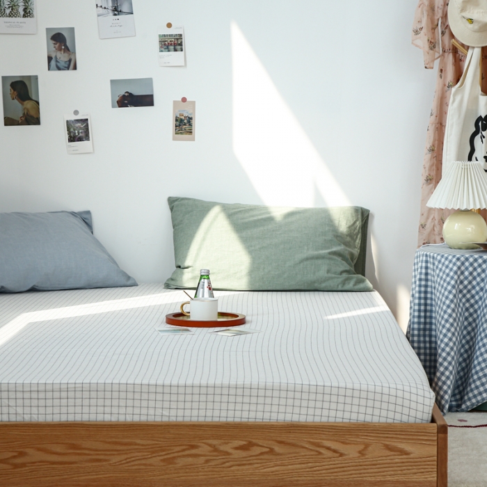 91家纺网 家纺一手货源 找家纺 安莱生活 2021新款色织全棉水洗棉单床笠 小白格