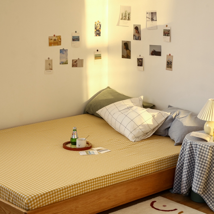 91家纺网 家纺一手货源 找家纺 安莱生活 2021新款色织全棉水洗棉单床笠 小黄格