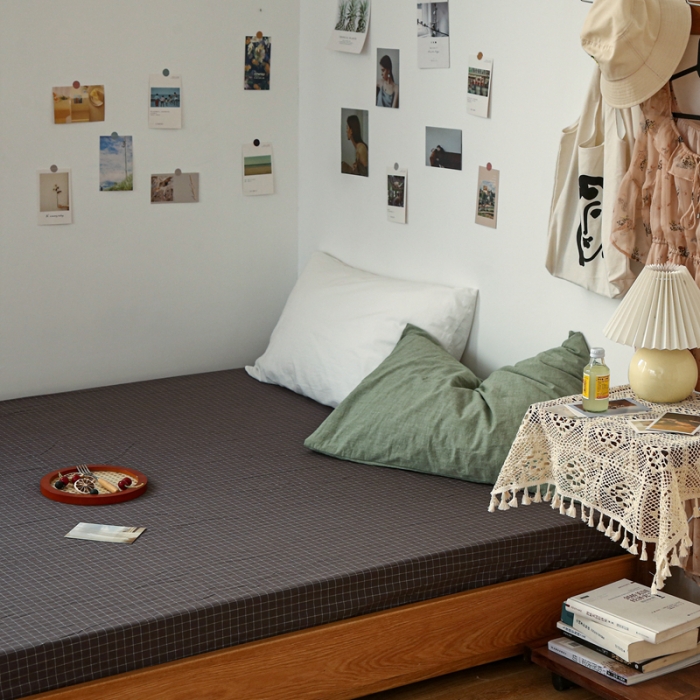 91家纺网 家纺一手货源 找家纺 安莱生活 2021新款色织全棉水洗棉单床笠 小灰格