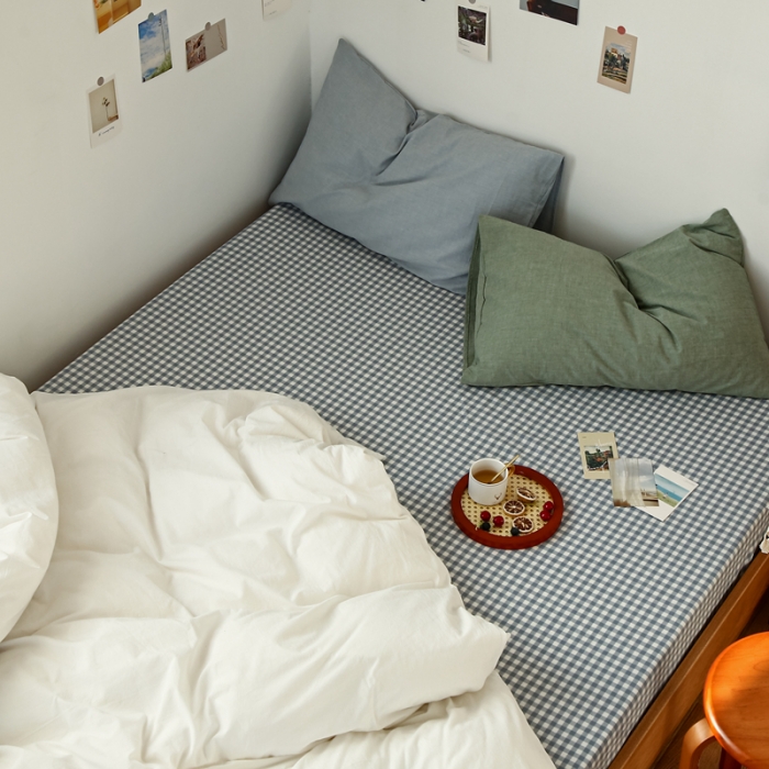 91家纺网 家纺一手货源 找家纺 安莱生活 2021新款色织全棉水洗棉混搭四件套 白色+浅兰小格