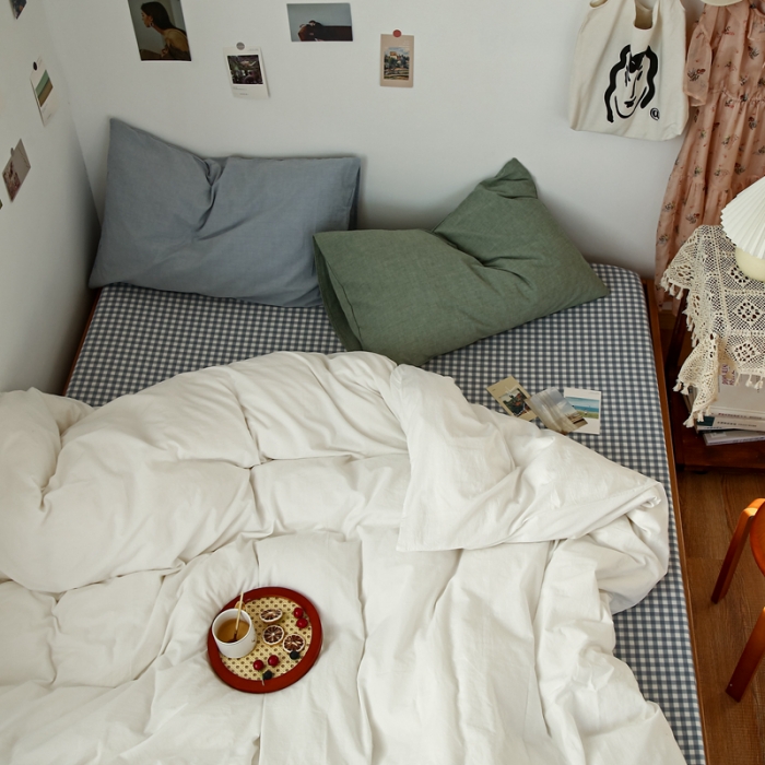 91家纺网 家纺一手货源 找家纺 安莱生活 2021新款色织全棉水洗棉混搭四件套 白色+浅兰小格