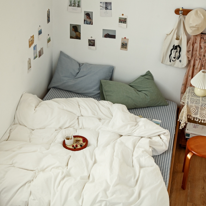 91家纺网 家纺一手货源 找家纺 安莱生活 2021新款色织全棉水洗棉混搭四件套 白色+浅兰小格