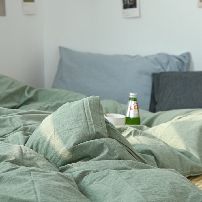 91家纺网 家纺一手货源 找家纺 安莱生活 2021新款色织全棉水洗棉混搭四件套 草绿+小黄格