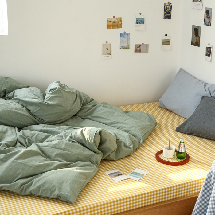 91家纺网 家纺一手货源 找家纺 安莱生活 2021新款色织全棉水洗棉混搭四件套 草绿+小黄格