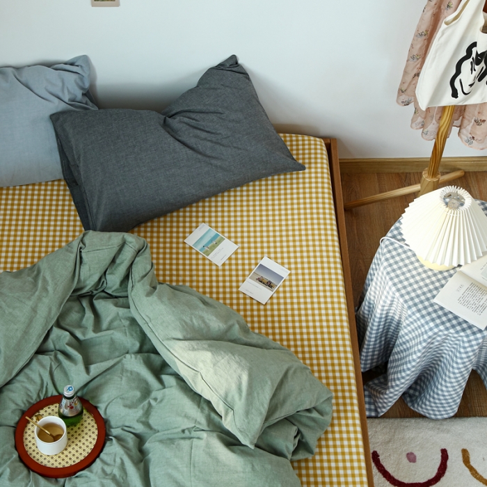 91家纺网 家纺一手货源 找家纺 安莱生活 2021新款色织全棉水洗棉混搭四件套 草绿+小黄格