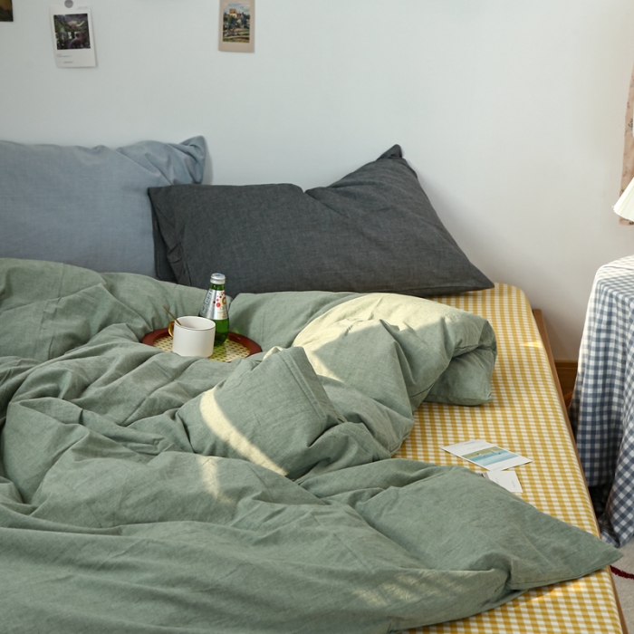 91家纺网 家纺一手货源 找家纺 安莱生活 2021新款色织全棉水洗棉混搭四件套 草绿+小黄格