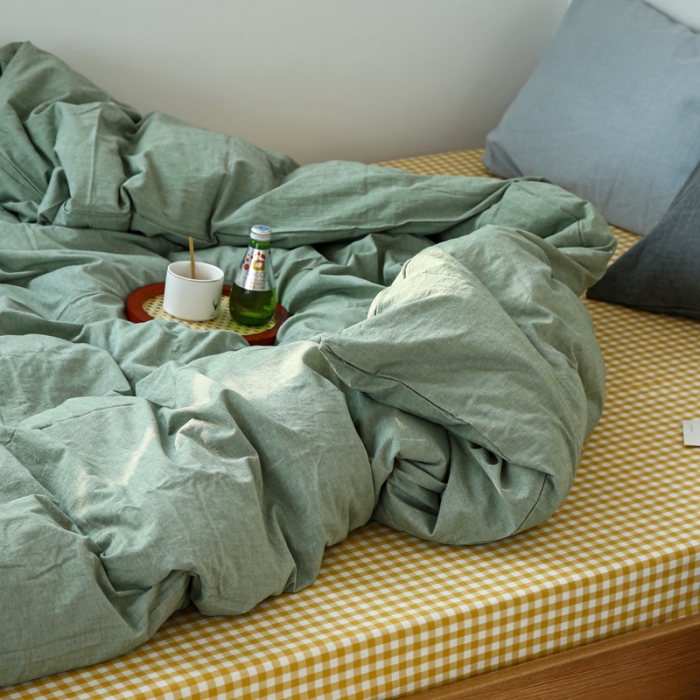 91家纺网 家纺一手货源 找家纺 安莱生活 2021新款色织全棉水洗棉混搭四件套 草绿+小黄格