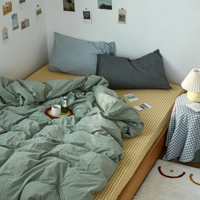 91家纺网 家纺一手货源 找家纺 安莱生活 2021新款色织全棉水洗棉混搭四件套 草绿+小黄格