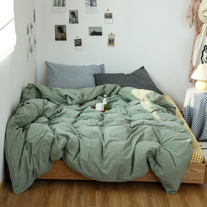 91家纺网 家纺一手货源 找家纺 安莱生活 2021新款色织全棉水洗棉混搭四件套 草绿+小黄格