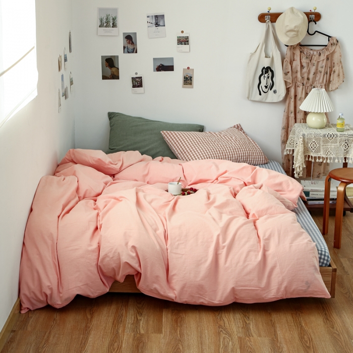 91家纺网 家纺一手货源 找家纺 安莱生活 2021新款色织全棉水洗棉混搭四件套 纯粉+浅蓝小格