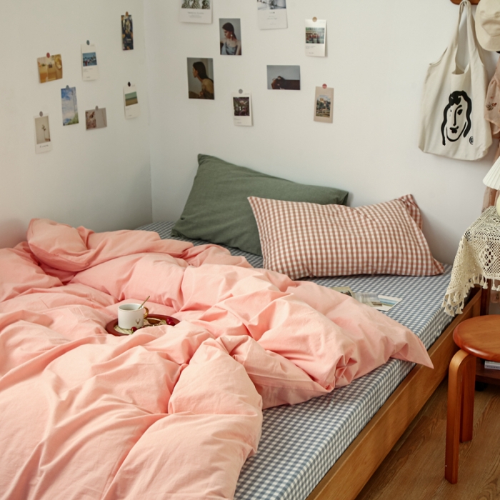 91家纺网 家纺一手货源 找家纺 安莱生活 2021新款色织全棉水洗棉混搭四件套 纯粉+浅蓝小格