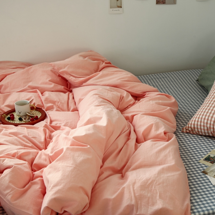 91家纺网 家纺一手货源 找家纺 安莱生活 2021新款色织全棉水洗棉混搭四件套 纯粉+浅蓝小格