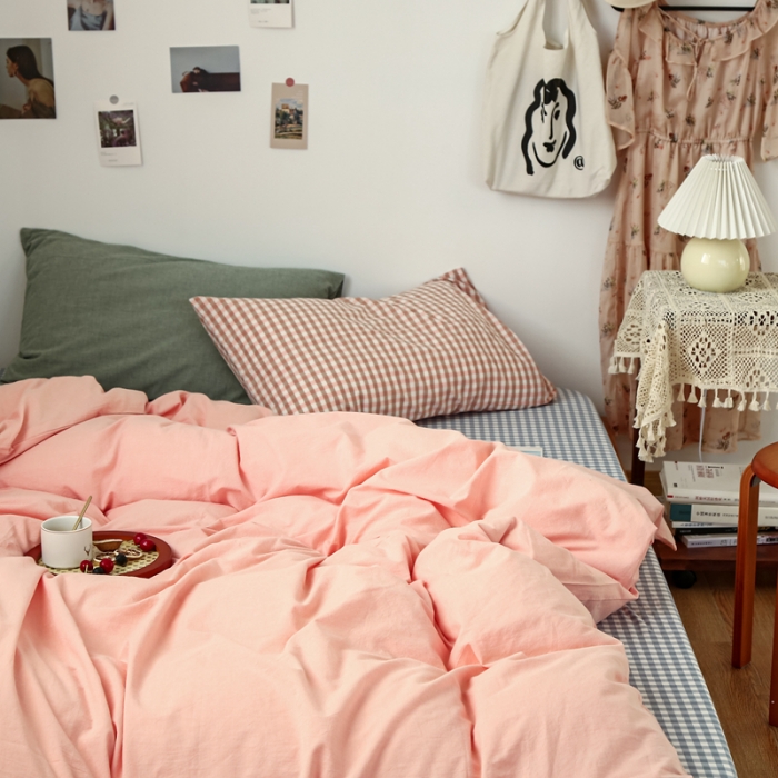 91家纺网 家纺一手货源 找家纺 安莱生活 2021新款色织全棉水洗棉混搭四件套 纯粉+浅蓝小格