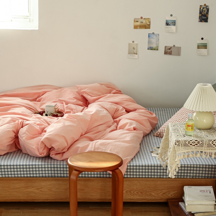 91家纺网 家纺一手货源 找家纺 安莱生活 2021新款色织全棉水洗棉混搭四件套 纯粉+浅蓝小格